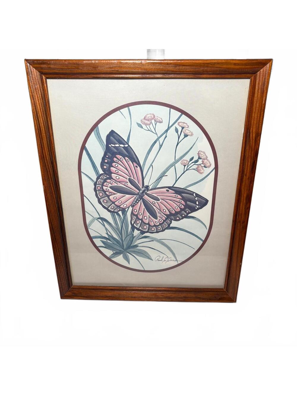 Vintage Framed Paul Connor Butterfly Artwork with Wooden Frame 12.5”x15.5”